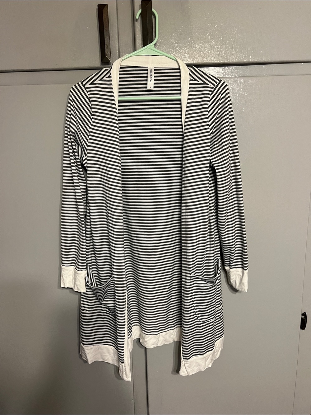 Tickled Teal Gray & White Striped Open Cardigan with Pockets